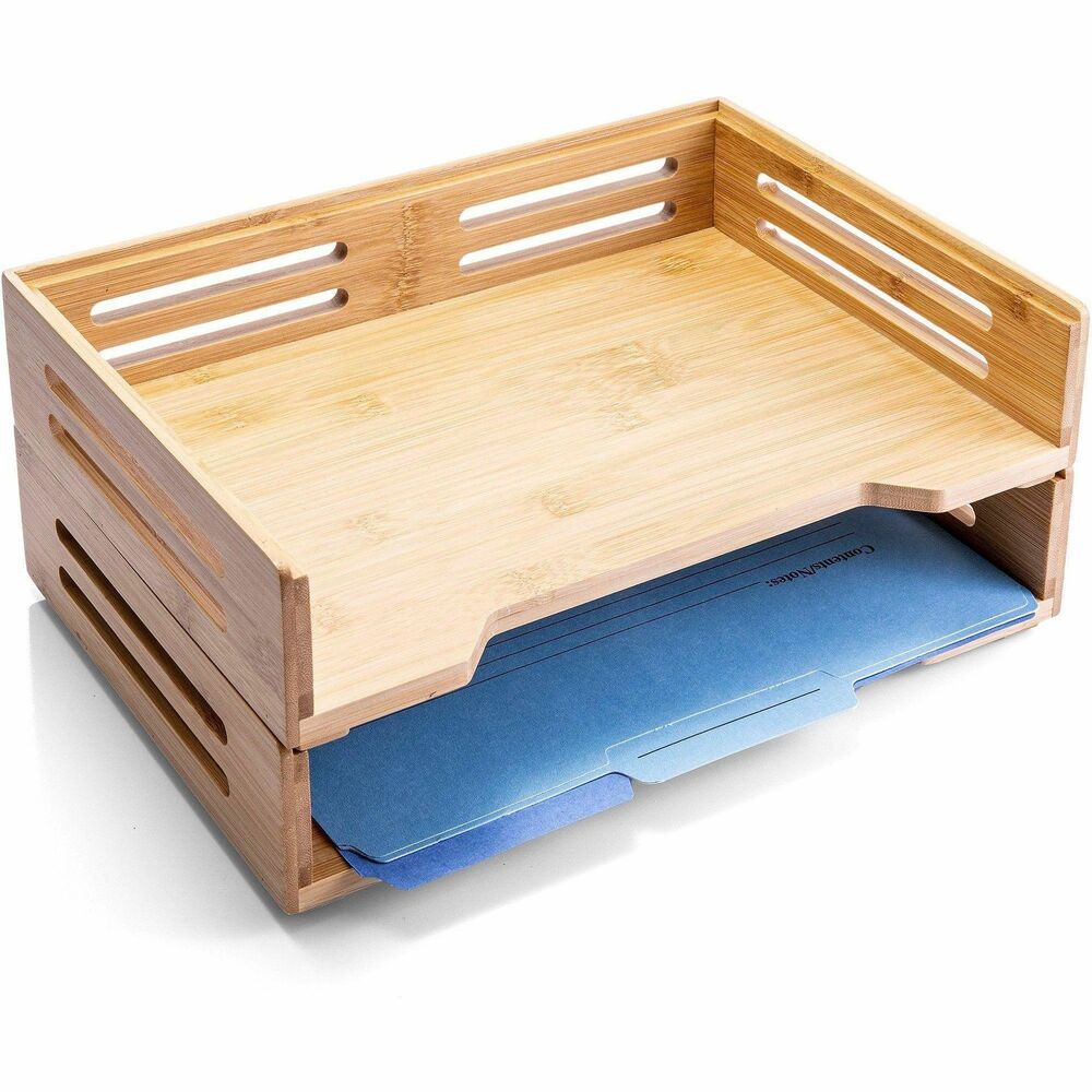 OIC71004 - Strong & Durable: Made from high-quality bamboo, these letter trays are built to last, providing long-lasting strength and durability. Modern & Natural Design: Features a sleek and contemporary look with a natural bamboo finish, complementing a wide variety of office or home decor. Space-Saving Stackable Design: Maximize your desk space by stacking the letter trays, helping you stay organized while keeping your workspace tidy. Sturdy & Versatile: Strong enough to hold heavy files, notebooks, documents, and more, ensuring reliable storage for your office essentials. Multifunctional Use: Use the top tray to organize additional desk items, such as a calculator, stapler, or tape dispenser, for a more efficient workspace.