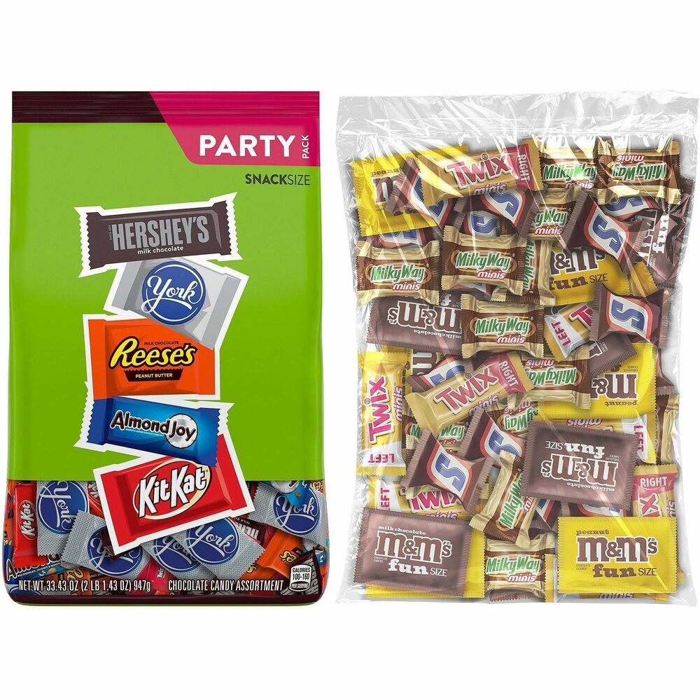 HRS60004054 - Hershey's Assortment Milk Chocolates Standup Bag and Mars Chocolate Favorites Mini Assorted Variety Bag offer the perfect variety to satisfy your sweet tooth. Standup bag contains Hershey's, Reese's, Almond Joy, Kit Kat and York Peppermint Patties. Mini variety bag contains Milky Way Midnight, Milky Way Original, 3 Musketeers, Snickers and Twix Chocolate Bars. Whether you're in the mood for minty dark chocolate, crispy milk chocolate, wafers, caramel, nougat, peanut butter or just pure chocolate, this variety pack has something for everyone. Bring these chocolate favorites to your next party. Fill up the candy dish. Stash it in your desk drawer or pack in your child's lunch for a surprise they'll love.