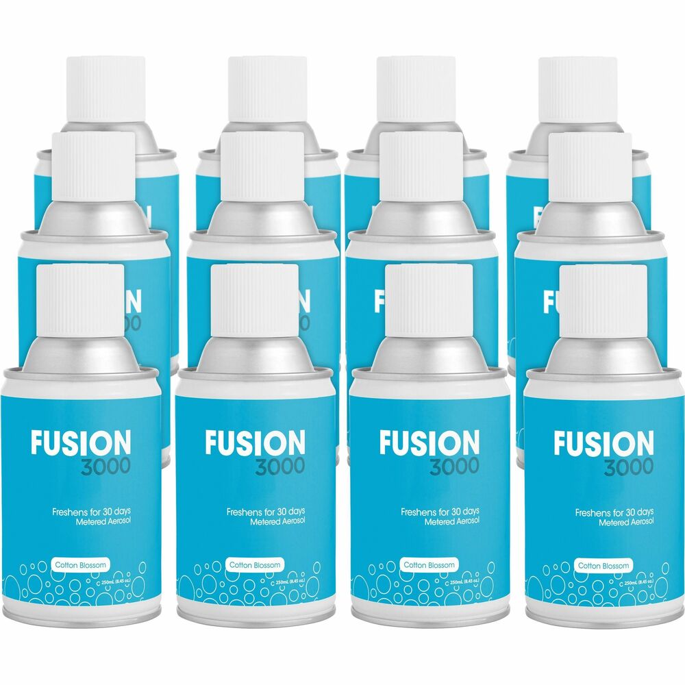 FRSMAIRCB - Fusion 3000 Metered Aerosols neutralize odors and contain natural fragrance oils with the patented odor-neutralizer Hygiezene. Cotton Blossom fragrance freshens for 30 days. Small fragrance particles hang in the air longer for a better experience. Universal actuator fits almost any metered aerosol dispenser, avoiding costly changeouts of existing dispensers. Fusion 3000 covers up to 6,000 cubic feet and contains no VOCs.