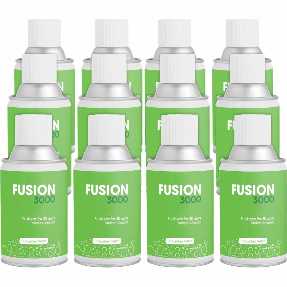 FRSMAIRCM - Fusion 3000 Metered Aerosols neutralize odors and contain natural fragrance oils with the patented odor-neutralizer Hygiezene. Cucumber Melon fragrance freshens for 30 days. Small fragrance particles hang in the air longer for a better experience. Universal actuator fits almost any metered aerosol dispenser, avoiding costly changeouts of existing dispensers. Fusion 3000 covers up to 6,000 cubic feet and contains no VOCs.
