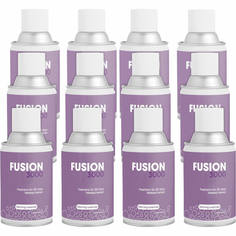 FRSMAIRLV - Fusion 3000 Metered Aerosols neutralize odors and contain natural fragrance oils with the patented odor-neutralizer Hygiezene. Morning Lavender fragrance freshens for 30 days. Small fragrance particles hang in the air longer for a better experience. Universal actuator fits almost any metered aerosol dispenser, avoiding costly changeouts of existing dispensers. Fusion 3000 covers up to 6,000 cubic feet and contains no VOCs.
