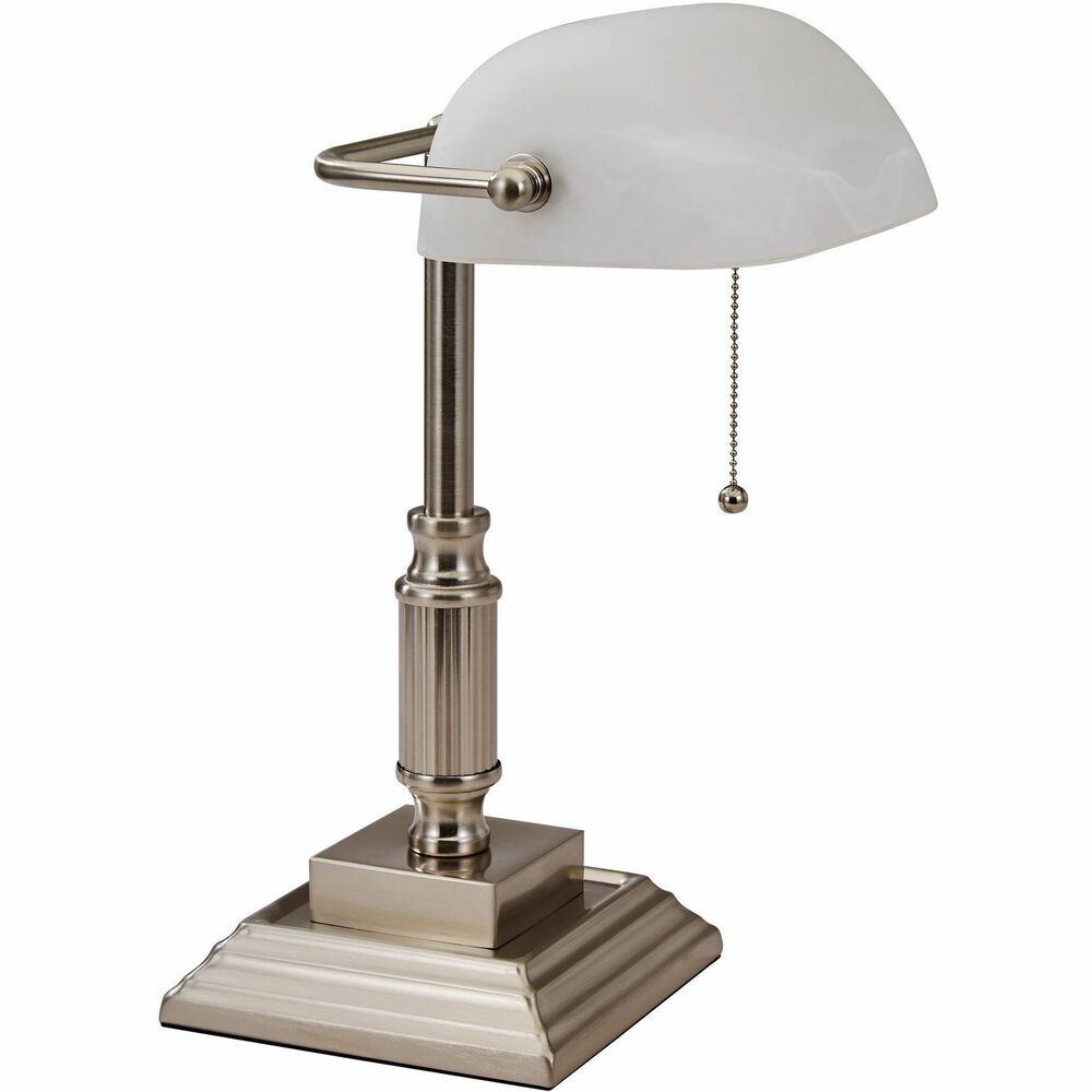 VLU8VS688029BN - Distinguished, banker's style lamp is a welcome addition to any home office or executive suite. All-metal construction with a rich, brushed-nickel finish is beautifully highlighted by the marble-frosted, white glass shade. Traditional styling includes an old-fashioned pull-chain and a multistep pedestal base. 14-3/4" tall lamp is ETL listed for use with an included 10-watt LED bulb.