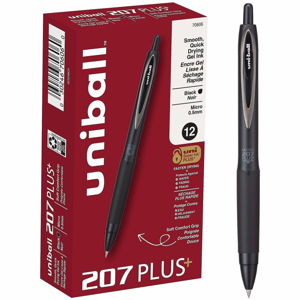 UBC70606 - Take your writing to new heights with 207 Plus Retractable Gel Pens that feature a medium point (0.5mm). Stainless steel tip resists bending and breaking. Advanced, nano-fiber, gel ink produces an enhanced writing experience with exceptional smoothness, drying speed and line intensity to communicate brilliantly. Superior ink resists smudging and smearing, making these pens ideal for everyday writing tasks, note-taking and document-signing. Innovative, uni Super Ink Plus entraps ink into the paper to produce fraud-resistant, fade-resistant and water-resistant documents that prevent check washing or bleaching. 0.5mm point creates rich, clean lines even on glossy paper. Rubber grip provides an ergonomic hold to complete long writing projects with better comfort and precise control. Translucent window indicates the level of ink remaining to avoid unexpectedly running out. Sleek profile elevates your style with modern, metal accents and a designer metallic barrel.