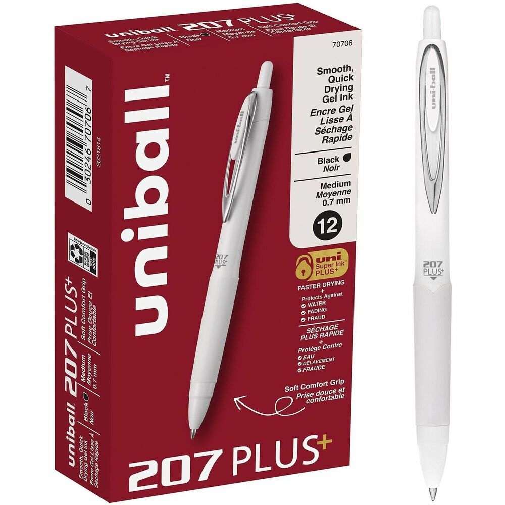 UBC70706 - Take your writing to new heights with 207 Plus Retractable Gel Pens that feature a medium point (0.7mm). Stainless steel tip resists bending and breaking. Advanced, nano-fiber, gel ink produces an enhanced writing experience with exceptional smoothness, drying speed and line intensity to communicate brilliantly. Superior ink resists smudging and smearing, making these pens ideal for everyday writing tasks, note-taking and document-signing. Innovative, uni Super Ink Plus entraps ink into the paper to produce fraud-resistant, fade-resistant and water-resistant documents that prevent check washing or bleaching. 0.7mm point creates rich, clean lines even on glossy paper. Rubber grip provides an ergonomic hold to complete long writing projects with better comfort and precise control. Translucent window indicates the level of ink remaining to avoid unexpectedly running out. Sleek profile elevates your style with modern, metal accents and a designer metallic barrel.