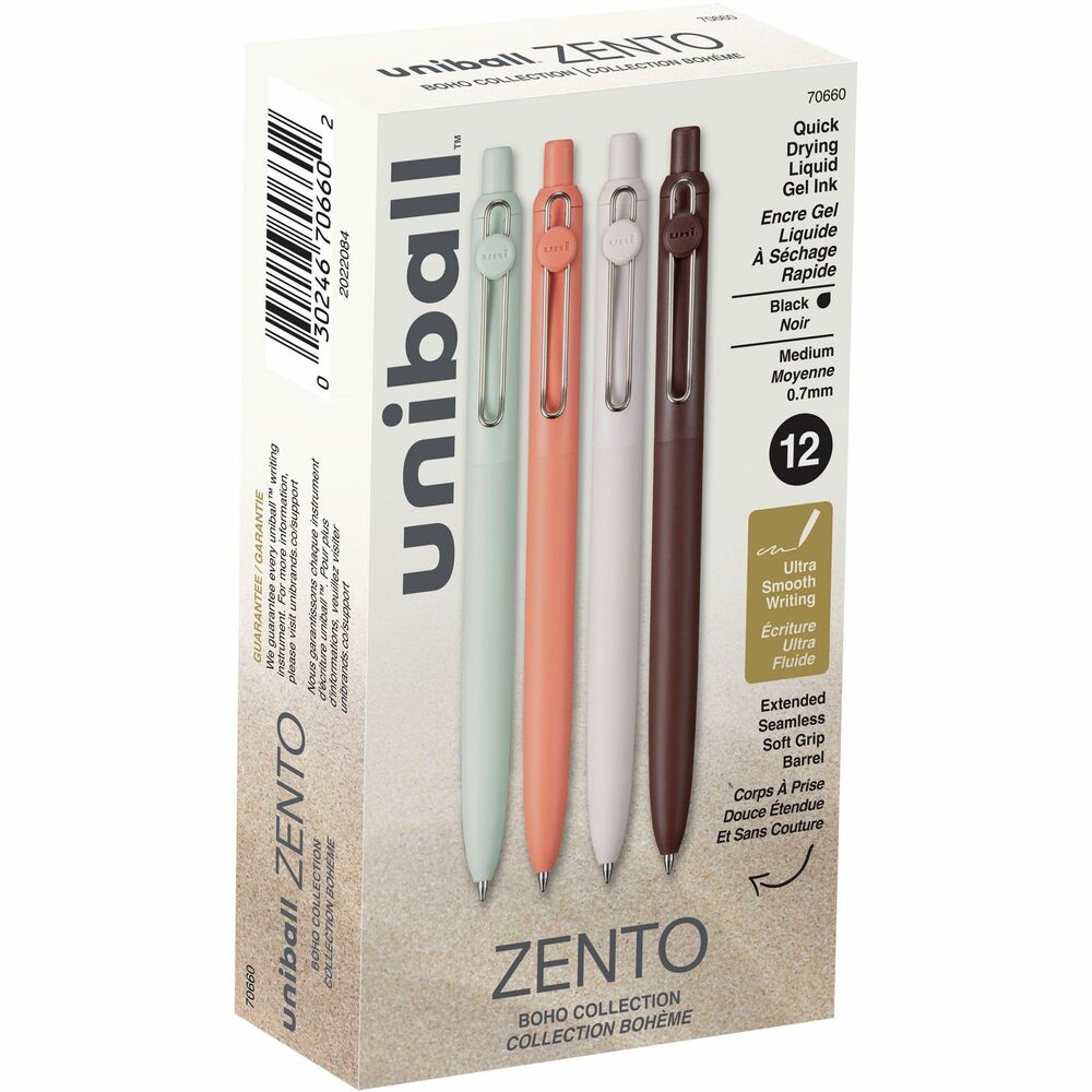 UBC70660 - Zento is a sublime fusion of writing excellent and mindful living. Every stroke on paper becomes a journey of tranquility and self-discovery. 0.7mm medium point pens feature liquid gel ink that dries quickly and delivers a super-smooth flow. Zento collection showcases a thoughtfully designed, minimalist barrel with a seamless, soft grip made from 76 percent recycled material. Each barrel color is carefully curated to evoke a sense of insightfulness and reflective thought. Functional, strong, spring-loaded wire clip opens wide to effortlessly attach to any pocket, document, folder or notebook. Experience a super-smooth, quick-dry writing flow that feels like a gentle meditation for your hand, fostering mindfulness with every word.