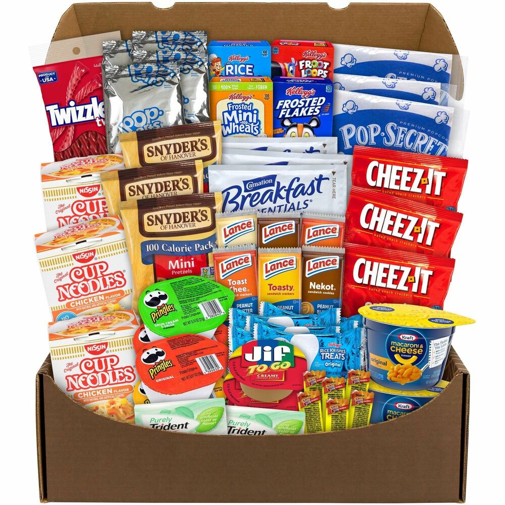 GRR70000014 - Get ready for a new school year with this Dorm Room Survival Snack Box. It's great to send to the student in your life or to fill up your own room. Eat your way through pretzels, Pop-Tarts, crackers, cereal and other great snacks whenever hunger hits. Snack box contains Maruchan Chicken Ramen; Mac and Cheese Cups; Kellogg's Cereal Boxes; Jif To Go Dippers; Pop Secret Popcorn; Rice Krispies Treats; Slim Jims; Lance Crackers; Cheez-It Crackers; Pringles; Carnation Instant Breakfast Pouches; Snyder's Mini Pretzels; Pop-Tarts; Twizzlers; and Ice Cube Gum. Products may vary by flavor per brand. Substitutions may be made due to availability.