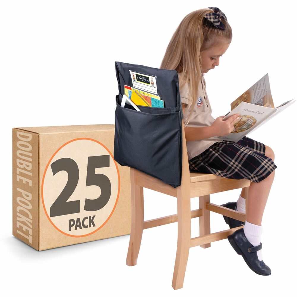 SSK27193 - Simply slide this two-pocket Seat Sack over a student's chair for quick, convenient, instant organization and storage of school materials. Roomy storage pockets feature a 2" gusset to expand for extra storage. Clear plastic sleeve holds a replaceable name tag. Machine-washable Seat Sack is made of a durable, premium, high-quality, poly/cotton laminated material that is sewn and backstitched. It is certified flame-resistant, CPSIA and Prop 65 and meets additional CA and EU standards. Use on chairs in the classroom, home office, library, music room, church, synagogue or anywhere extra storage space is needed. Seat Sack comes with 25 name cards.
