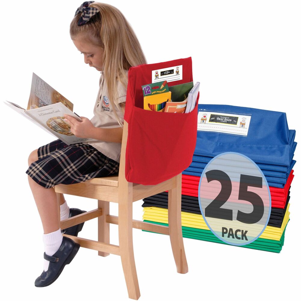 SSK01199 - Simply slide this one-pocket Seat Sack over a student's chair for quick, convenient, instant organization and storage of school materials. Elastic added across the entire back is designed for classrooms with a large range of chair backs and the hard-to-fit chairs that have measurements of 14" or less across the top of the back. Elastic helps to hold the seat pocket in place on the chair. Roomy storage pocket features a 2" gusset to expand for extra storage. Clear plastic sleeve holds a replaceable name tag. Machine-washable Seat Sack is made of a durable, premium, high-quality, poly/cotton laminated material that is sewn and backstitched. It is certified flame-resistant, CPSIA and Prop 65 and meets additional CA and EU standards. Use on chairs in the classroom, home office, library, music room, church, synagogue or anywhere extra storage space is needed. Set includes a name card for each Seat Sack.