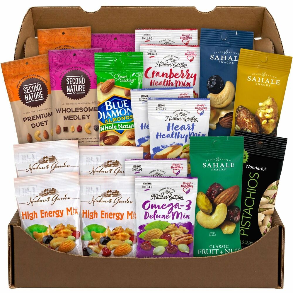 GRR70000046 - Forget those sugary snacks at the office and grab a bag from this Healthy Mixed Nuts Snack Box. With deliciously good-for-you brands like Nature's Garden, Sahale and Second Nature, you'll enjoy all kinds of nuts and dried fruits like almonds, peanuts, pistachios, cashews, cranberries and raisins. Snack healthier with the wide assortment of this snack box. It's perfect for breakrooms to enjoy a mid-afternoon snack or at home for an on-the-go snack when running around.