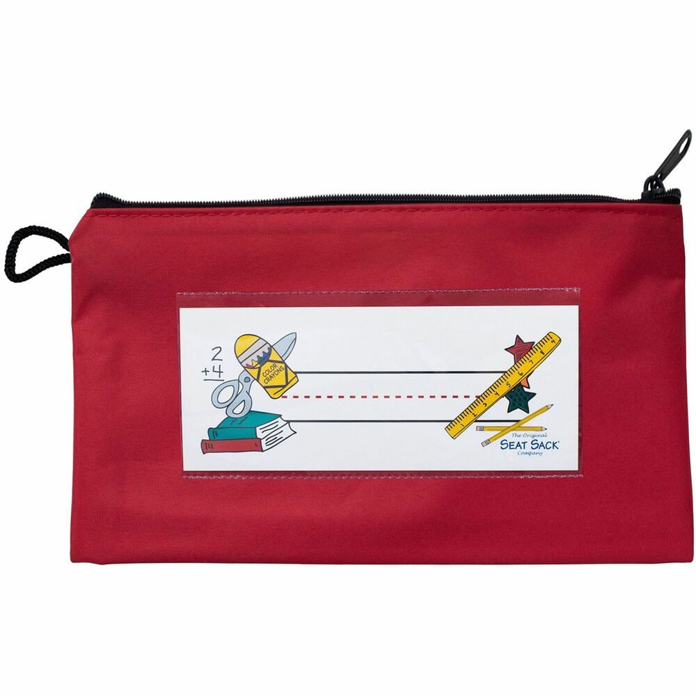 SSK10040 - Pencil Pouch offers a roomy gusseted compartment with extra storage capacity for a box of colored pencils, pens, crayon box, scissors and other school supplies. It helps students organize their materials and maximize desk space to enhance group and classroom management. Zippered, expandable pouch with loop for hanging and easy closure is made of durable, high-quality poly/cotton laminated material. 2" gusset expands to provide extra storage. Clear sleeve lets you slide in removable name card (included). Pencil pouch is easy to spot-clean, but can also be machine-washed and dried. It is certified flame-resistant, CPSIA and Prop 65. It also meets additional CA and EU standards.