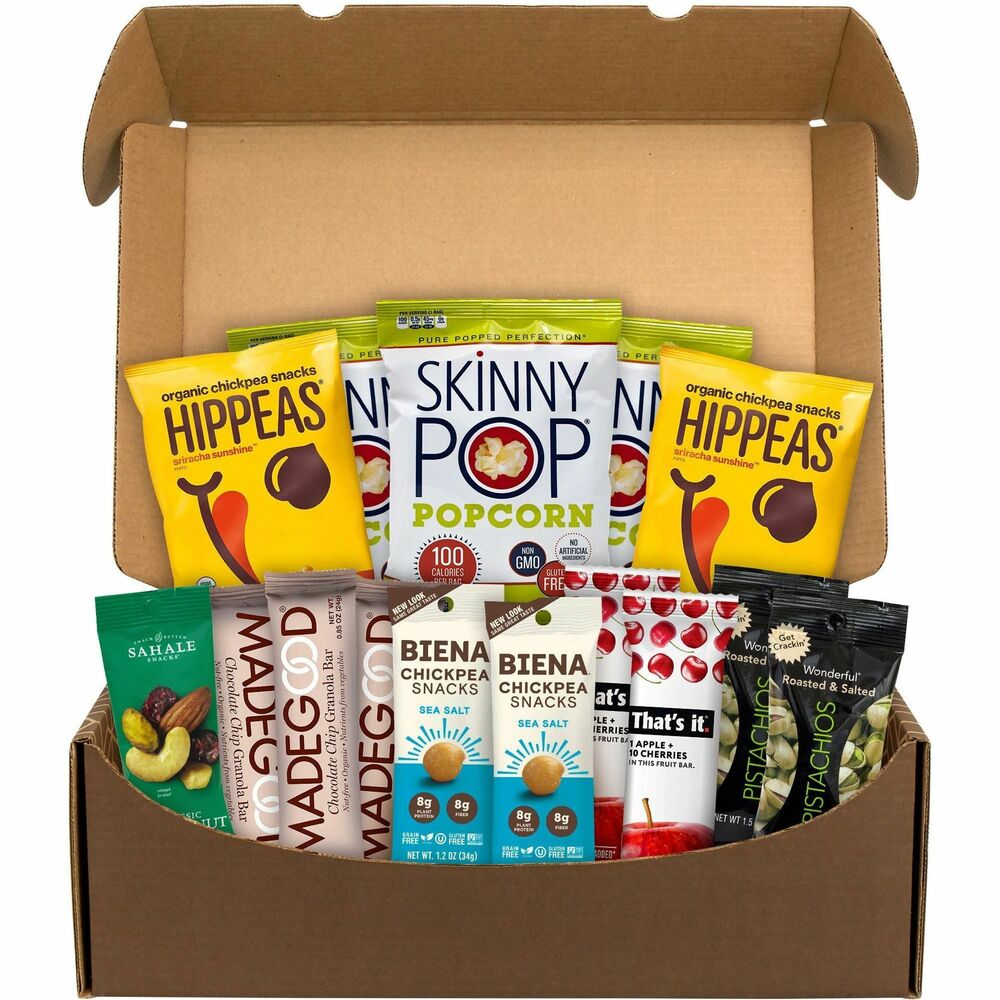 GRR70000126 - Vegan Snack Box is a convenient way to get all your vegan snacks at once. Box includes Hippeas Organic Chickpea Puffs Sriracha Sunshine; That's It Gluten-Free Apple and Cherry Fruit Bars; 100-Calorie Skinny Pop; Wonderful Roasted and Salted Pistachios; Sahale Snacks Classic Fruit and Nut Trail Mix; MadeGood Organic Chocolate Chip Granola Bars; and Biena Chickpea Sea Salt Snacks. Box is perfect for your home or breakroom.