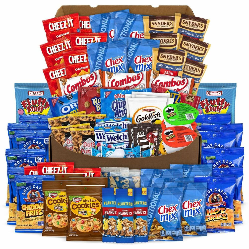 GRR70000026 - If you're planning a big party or event, you need this Big Party Snack Box. It is packed with all snack types and flavors including Welch's Fruit Snacks; M&M's; Goldfish Crackers; Nabisco cookies and crackers; Keebler cookies and crackers; Cheez-It Crackers; Pringles; Combos; Chex Mix; Rice Krispies Treats; Snyder's Pretzels; cotton candy; Party Mix; Herr's Popcorn; Planters Peanuts; Andy Capps' Fries; and M&M cookies. With all these great-tasting snacks, your next party is sure to be a big hit. Products may vary by flavor per brand. Substitutions may be made due to availability.