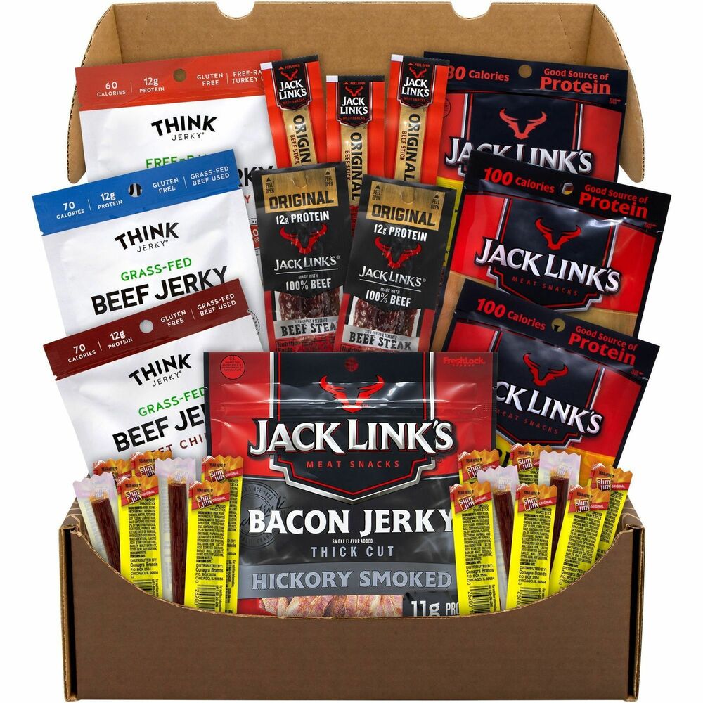 GRR70000020 - Enjoy delicious-tasting beef jerky packed with protein in a variety of flavors. Beef jerky pouches and sticks offer plenty of great snacks to share at the office or home. Big Beef Jerky Box contains Jack Link's, Think Jerky and Slim Jim meat sticks. Forget those sugary junk food snacks and fill up with exciting flavors of beef jerky. Products may vary by flavor per brand. Substitutions may be made due to availability.
