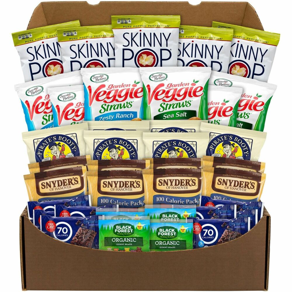 GRR70000005 - Enjoy crunchy, delicious snacks without overloading on sugar. Healthy Snack Box is packed with mouthwatering salty, crunchy and chocolaty healthy snacks. Box includes Stonyfield Fruit Snacks; Fiber One; Pirate's Booty; Skinny Pop; Veggie Straws; Fiber One Brownies; and Snyder's Mini Pretzels to share in the breakroom. Grab a snack when you're on-the-go, at your desk or packing your lunch. Products may vary by flavor per brand. Substitutions may be made due to availability.