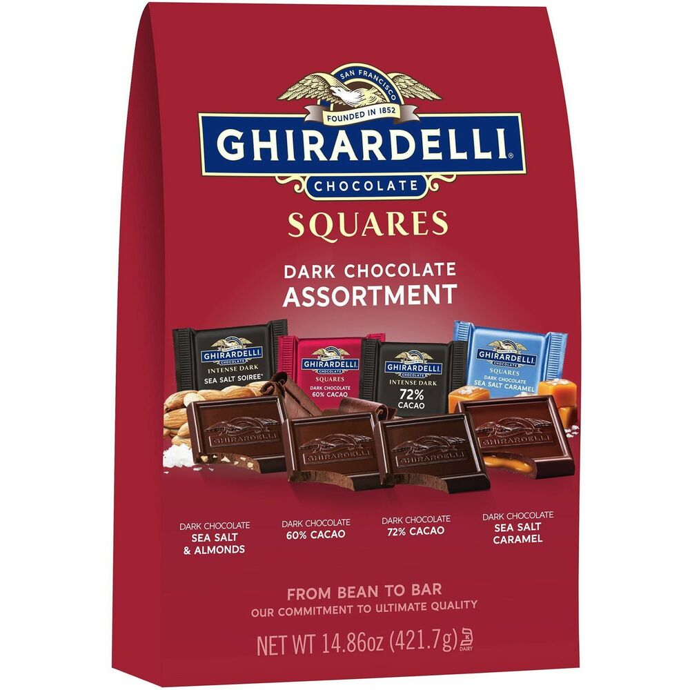 LND30001037 - Enjoy an entire assortment of your favorite dark chocolate squares. Ghirardelli Squares Premium Dark Chocolate Assortment features four varieties: Sea Salt Soiree, 60 percent Cacao, 72 percent Cacao and Dark Chocolate Sea Salt Caramel. Bag lets you fill all the chocolate dishes in the office without worrying about restocking right away.
