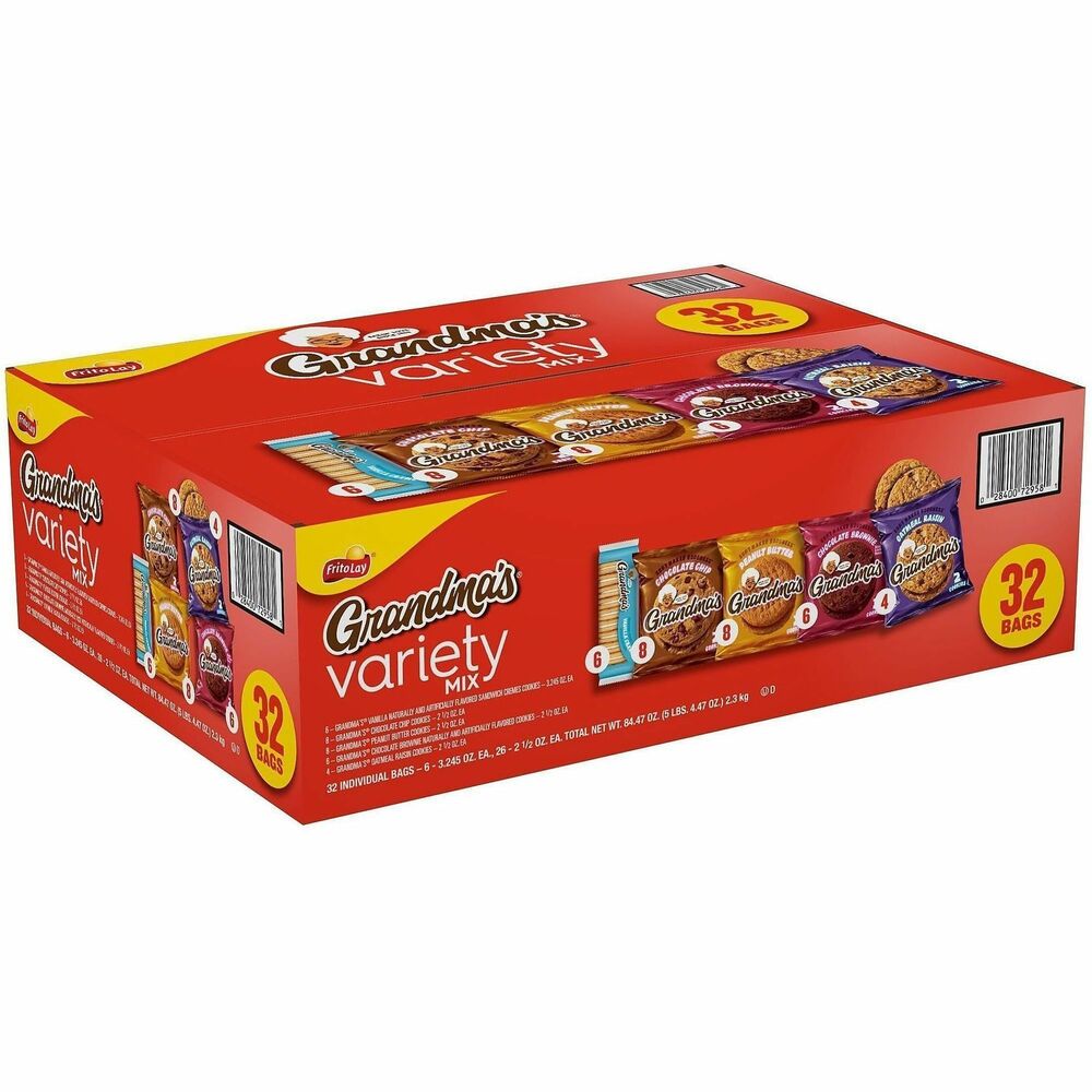 LAY73977 - Grandma's Cookies Variety Mix delivers delicious, homemade cookies - just how Grandma makes. This assortment includes: Chocolate Chip, Peanut Butter, Oatmeal Raisin, Chocolate Brownie and Vanilla Creme. Cookies come in individually wrapped packs and are great for snacking on-the-go or for topping off your lunch.