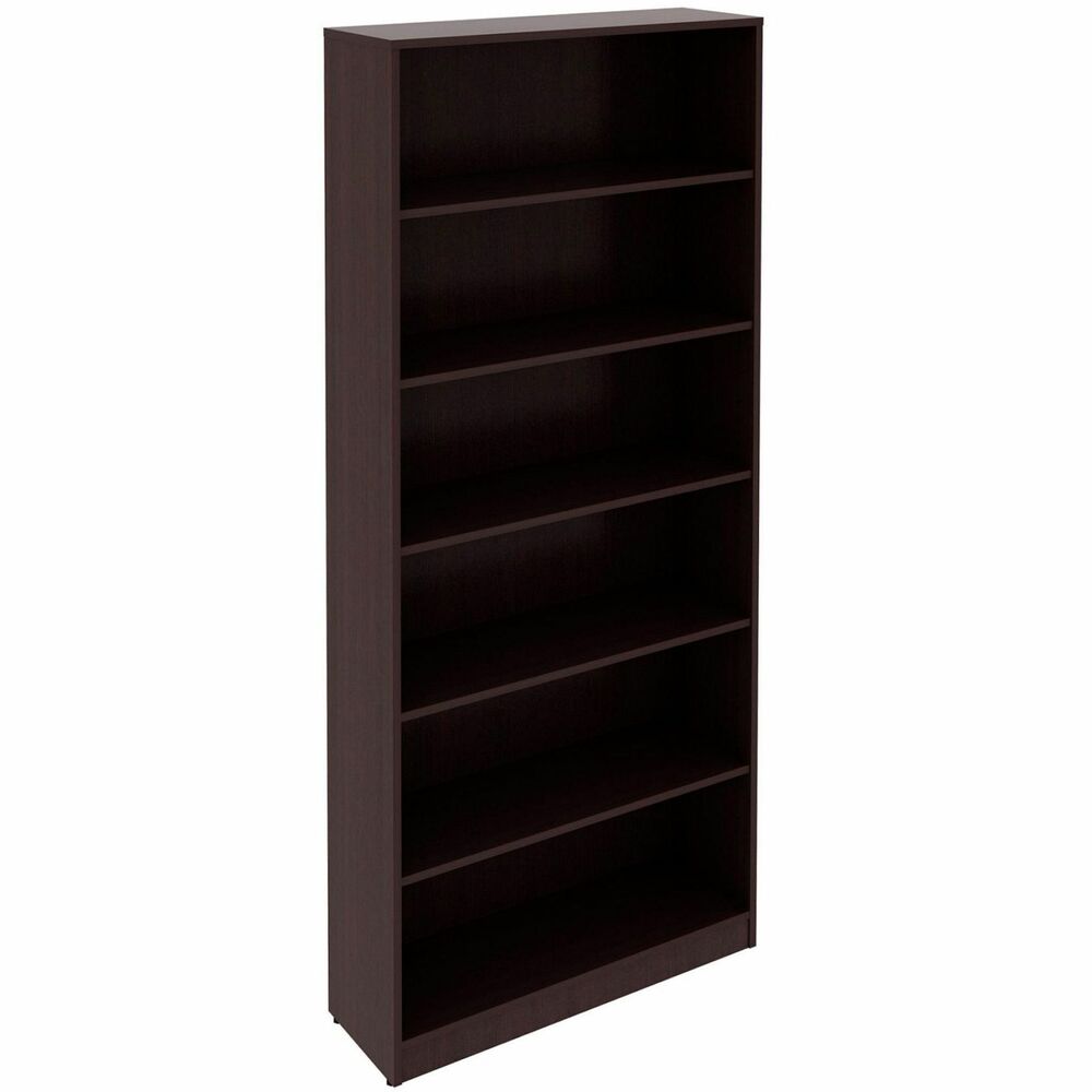LLR18248 - Sturdy, six-shelf bookcase offers high-quality laminate construction and a contemporary design. Shelves are 3/4" thick and made of 18mm thick, medium-density fiberboard with thermally fused, laminate for long-lasting use. The visible, one-piece backing behind the shelves is made with 3mm thick, medium-density fiberboard and matching laminate. Both sides are finished. Bookcase features five adjustable shelves, one fixed bottom shelf, square edges and adjustable feet. Each shelf holds up to 75 lb.