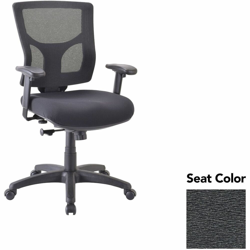 LLR6200846 - Conjure Swivel/Tilt Task Chair offers lumbar support and built-in ratchet back for easy back-height adjustment. Back is upholstered in breathable mesh for cradling comfort. Ergonomically designed mid-back is perfect for the natural curvature of a person's back. Included arms with polyurethane pads adjust in height and width to suit your needs. Other functions include pneumatic seat-height adjustment and 360-degree swivel. Reinforced nylon base is equipped with nylon casters for easy mobility.