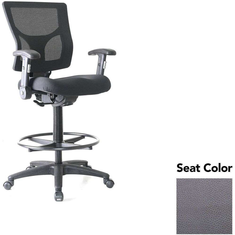 LLR62021101 - Conjure Office Stool delivers the height you need to sit comfortably at standing desks and high tables. The 21" diameter metal ring offers a convenient footrest that helps you take advantage of the 360-degree swivel. High-strength mesh upholstery covers the back for breathable, cradling comfort. Height-adjustable armrests fold away for more versatile seating. They are cushioned with soft polyurethane pads. Height-adjustable seat lets you sink into thick, polyurethane molded foam for more support throughout the workday. Reinforced nylon base is equipped with nylon casters for easy mobility. Weight capacity is 275 lb.