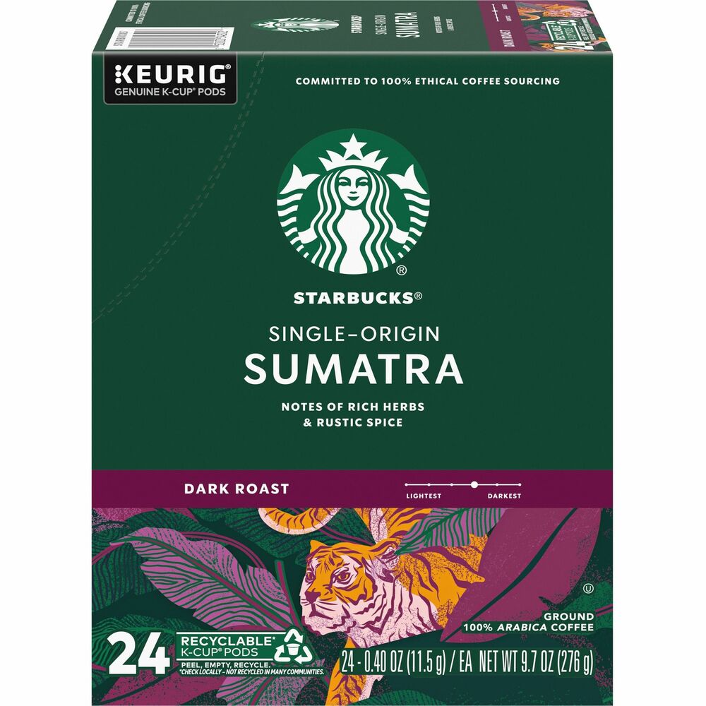 SBK91281 - Like the lush Indonesian island of its origin, this dark-roast coffee offers full body with a smooth mouthfeel, lingering flavors of dried herbs and fresh earth, and almost no acidity. Expert roasters love transforming the unpredictable beans from dark coral green to tiger-orange to a rich, oily mahogany to reveal its bold flavors that many can't live without. High-quality beans have been ethically sourced to foster a better future for farmers and a more stable climate for the planet. Single-origin coffee is packaged in single-serve coffee pods that are easy to prepare for quick, simple enjoyment. Sumatra Blend coffee is designed for single-serve coffeemakers.