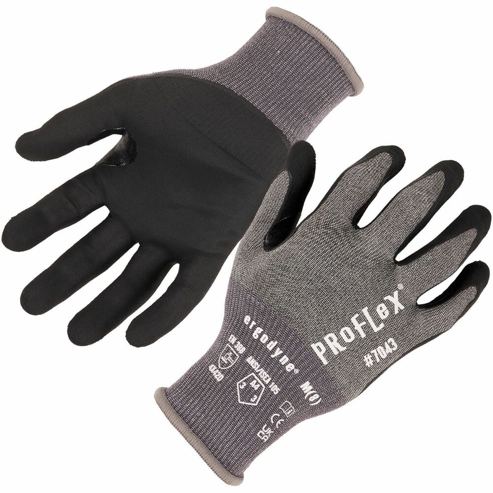 EGO10514 - ProFlex 7043 Nitrile-Coated Cut-Resistant Gloves feature nitrile-coated palms and reinforced thumb saddles for extra-strength grip and durability in rough environments. Gloves are rated to ANSI/ISEA 105-2016 level A4 cut protection and level 3 abrasion-resistance. 18-gauge, HPPE, nylon-spandex knit protects hands from cuts, punctures and abrasions without compromising dexterity or comfort. Snug knit cuffs are longer to enhance fit and extend protection, keeping dirt and debris out. Touch screen-capable fingertips make it easy to type on smartphones and tablets without removing gloves. Nitrile-coated, machine-washable gloves are ideal for anyone regularly handling sheet metal or other sharp materials in wet or dry conditions in industries such as construction, assembly, manufacturing, automotive and more.