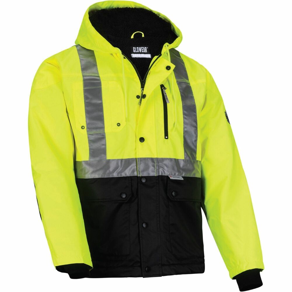 EGO23978 - GloWear 8275 Heavy-Duty Hi-Vis Workwear Jacket with eight pockets provides warmth in cool to cold conditions. 150D polyester twill shell features a wind-resistant and water-resistant, polyurethane coating for long-lasting durability and dry all-day wear. Body and hood are lined with warm and comfortable 280g sherpa. Flexible gusseted shoulders feature 40gm quilted insulation for warmth without compromised mobility. Rugged, midweight jacket features D-ring, black paneling to hide dirt, rib knit cuffs, elastic bungee waist, drawstring hood and a long tail that won't ride up. Built for the job, the hood is large enough to be pulled up over hard hats. Zippered closure with snap buttons allows easy on/off. Type R, Class 2, ANSI/ISEA 107-2020-compliant fluorescent material and 2" reflective tape ensure high visibility. Jacket fits chests up to 59" in diameter. Sleeves are 28" long. Center back is 36" long.