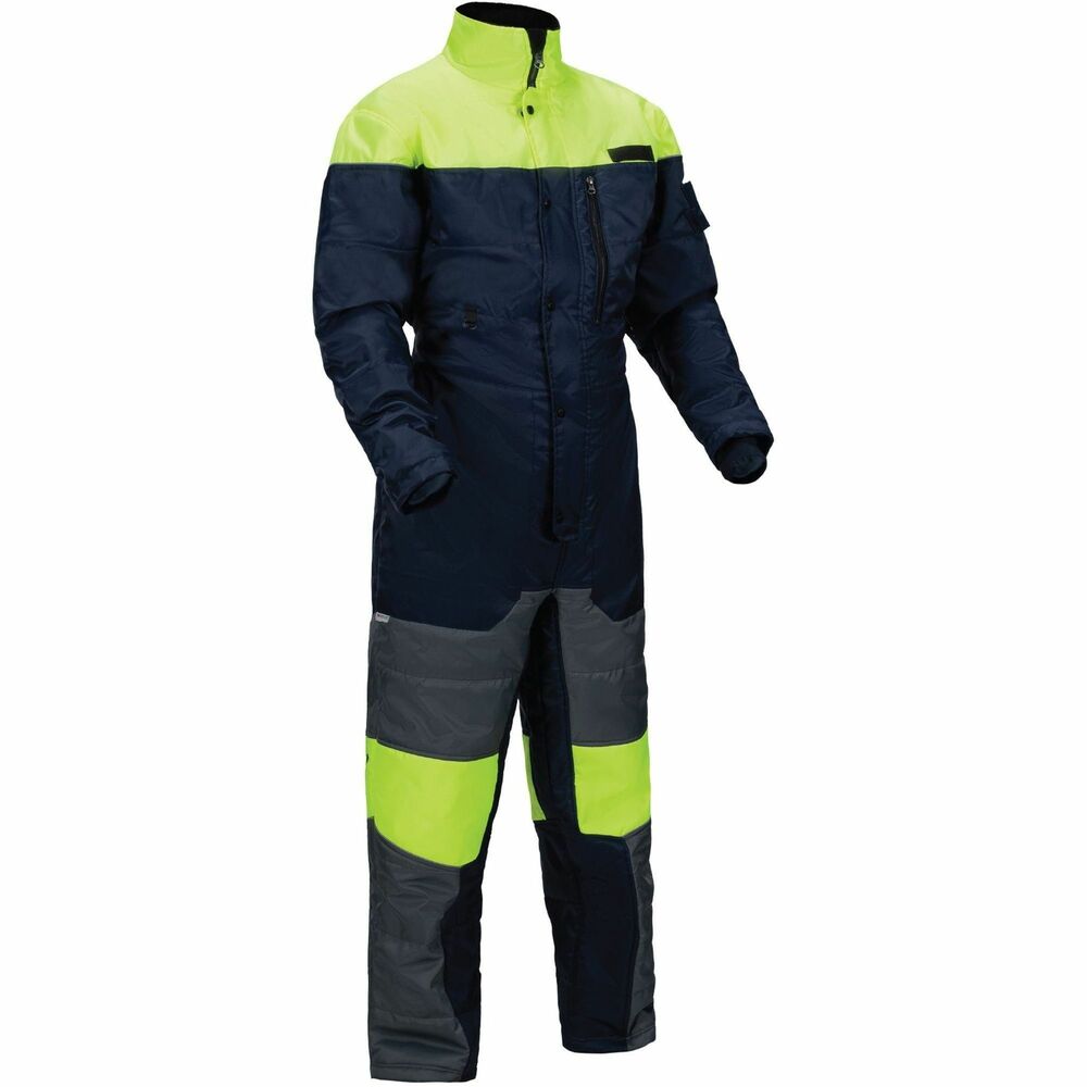 EGO41246 - N-Ferno 6475 Insulated Freezer Coveralls are built for warm, durable, comfortable protection in cold, storage freezer environments. 100 percent ripstop polyester and water-resistant, polyurethane coating stand up against the harshest conditions, providing warmth without restricting movement or dexterity. Insulated coveralls feature a zippered chest pocket; two lower, oversized pockets; pen/stylus holder; mic tab; and two D-rings for convenient access and storage. Snap closure with zippers on each leg lets you pull on/off without removing your boots. Dual-button closure on the bottom of the pants lets you adjust the fit to accommodate varying heights. Zippered closure with snap storm flap and ribbed knit cuffs help seal out cold air. Reflective piping and high-visibility yellow material keep workers safe and seen. 200g of 3M Thinsulate insulation traps heat for warmth in extreme cold from negative 10 degrees to negative 50 degrees Fahrenheit.