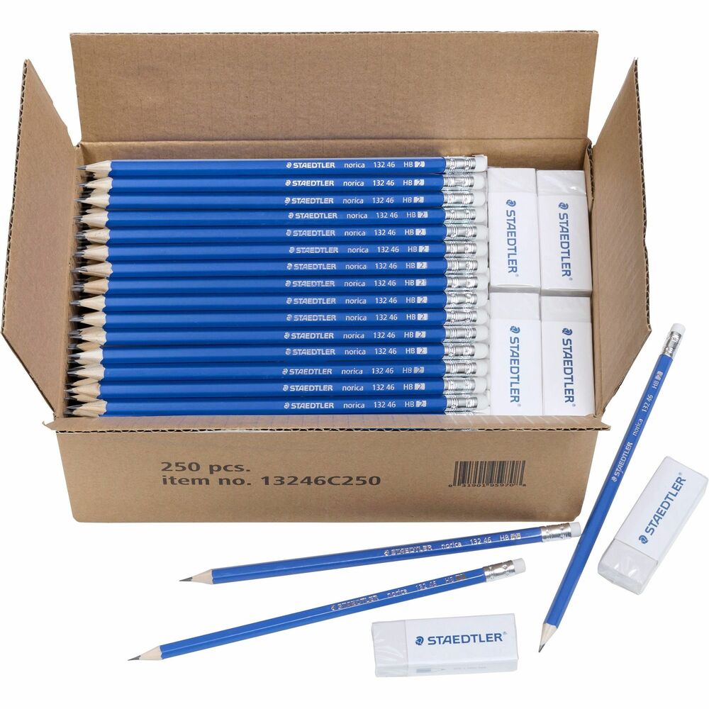 STD13246C250 - Norica Pencil Class & Eraser Class Pack offers a bulk supply of No. 2 pencils with erasers and block erasers. Premium-quality writing pencil features break-resistant lead thanks to a breakthrough, special lead formulation and super-bonded lead. Blue pencil casing is FSC certified and made with wood from sustainably managed forests. White block erasers are PVC-free and latex-free.