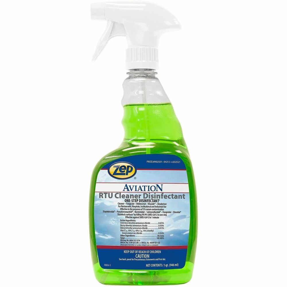 ZPEH02501 - Zep Aviation RTU Cleaner/Disinfectant is a ready-to-use, non-streaking cleaner and disinfectant for aircraft interior and exterior surfaces, including aircraft windows. It has demonstrated effectiveness against viruses similar to 2019 Novel Coronavirus (SARS-CoV-2) on hard, nonporous surfaces. Therefore, this disinfectant can be used against SARS-CoV-2 when used in accordance with the directions for use against Norovirus on hard, nonporous surfaces. This cleaner and disinfectant can be used on any nonporous surface, but is optimized for Boeing D6-17487, Boeing D6-7127, AMS 1452A and AMS 1550B, ASTM F 519 aircrafts.