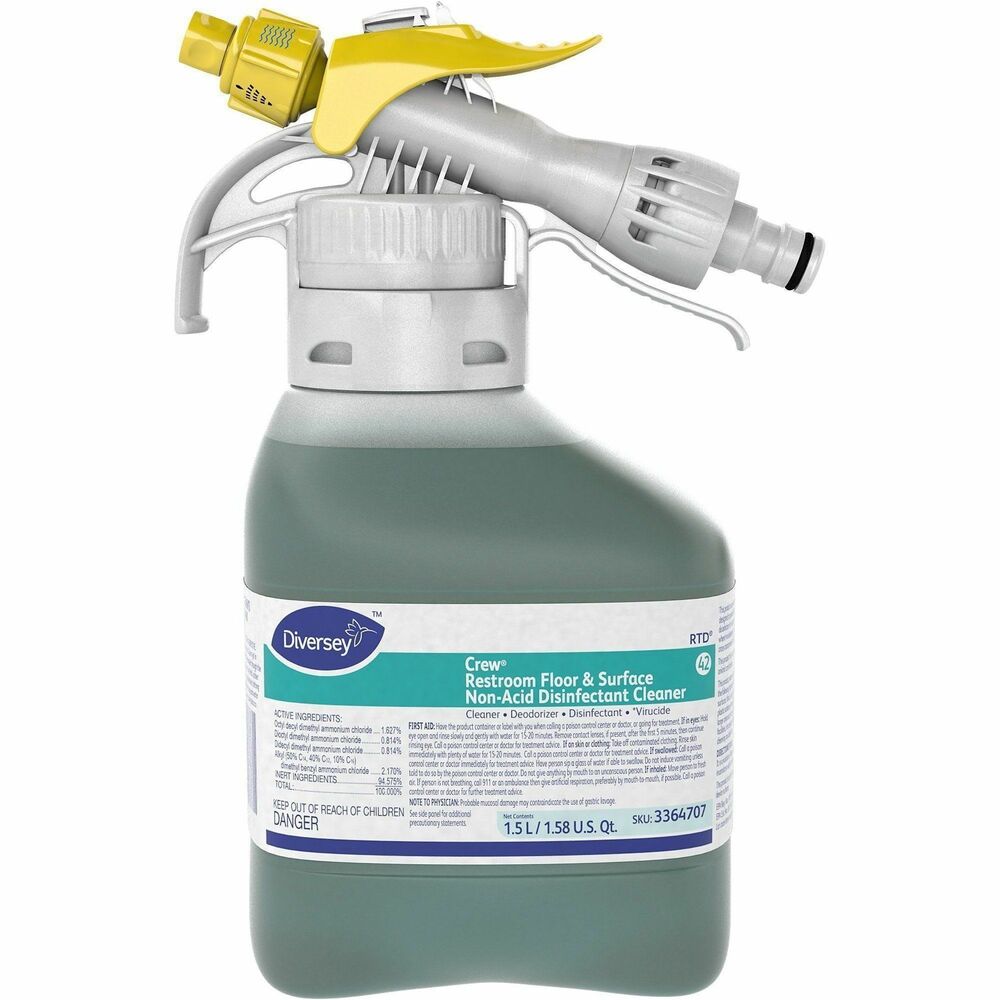 DVO3364707 - Part of the Diversey RTD System, this non-acid restroom disinfectant cleaner cleans, disinfects and deodorizes in one easy step. Crew Restroom Floor and Surface Non-Acid Disinfectant Cleaner Spray provides broad-spectrum efficacy against common bathroom microorganisms. It kills HIV-1, Staphylococcus aureus, Salmonella choleraesuis, E. coli, MRSA, VRE and other microorganisms. Disinfectant/cleaner disinfects in up to 400 ppm hard water and deodorizes as it disinfects. EPA certified formula is recommended for hard, nonporous, washable surfaces in and out of the restroom. Cleaner utilizes Crew fresh scent to keep consistent with most Crew restroom products. Ergonomically designed handle is portable and connects to any convenient water supply via a standard hose connector. Simply select the dilution required, and the cleaner will be accurately and safely dispensed through its Spill-Tite head every time.