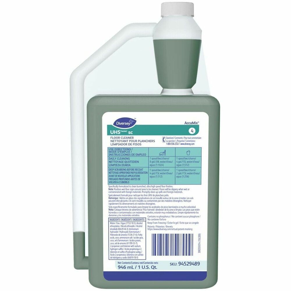 DVO94529489 - UHS SC Floor Cleaner/Maintainer delivers high-performance, low-foam cleaning without rinsing and leaves no dulling residue. It keeps floor finishes cleaner longer, extending stripping cycles and saving time and labor. Super-concentrated cleaner is specifically formulated to clean burnished, ultra high-speed floor finishes. Ideal for automatic scrubbers, low-foam formula requires less emptying of recovery tanks for more machine time on the floor. Dilution ratio range is 1:256 to 1:1024. For an accurate solution to cleaner dilution, AccuMix Portion Control System is a unique cleaning system with a built-in, accurate measuring spout. Simply loosen the cap, squeeze and pour the concentrate into a bucket or scrubber tank. You get the right proportions every time. No measuring hassles mean less product waste.