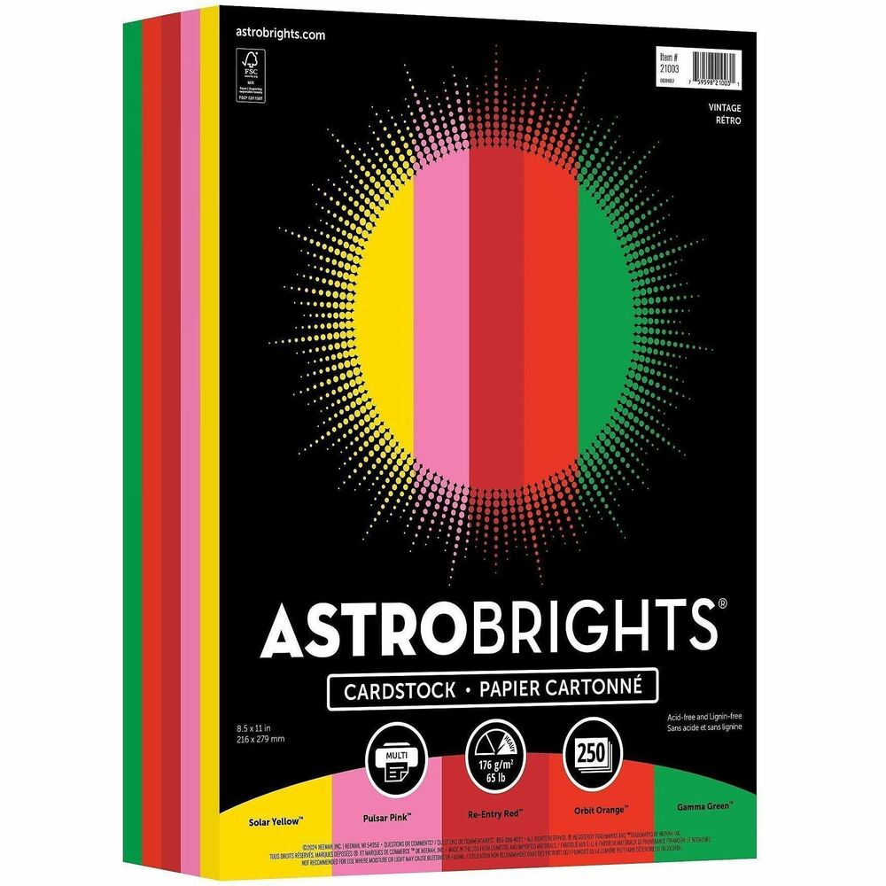 WAU21003 - Astrobrights Colored Cardstock is high-impact paper that features bold, deeply saturated colors to make your creations stand out. Its 65 lb. paper weight makes it the perfect choice for flyers, school projects, direct mail and much more. It is acid-free and lignin-free for long-lasting color yet it is smooth enough to work with inkjet and laser printers. Don't worry about expensive ink for full-color prints. Simply add black to create dazzling postcards, booklet covers, presentation binding and paper crafts. Vintage Assortment includes Solar Yellow, Pulsar Pink, Re-Entry Red, Orbit Orange and Gamma Green. When you can't choose just one color, assorted cardstock packs make it so you don't have to. Use brighter colors for brighter ideas.