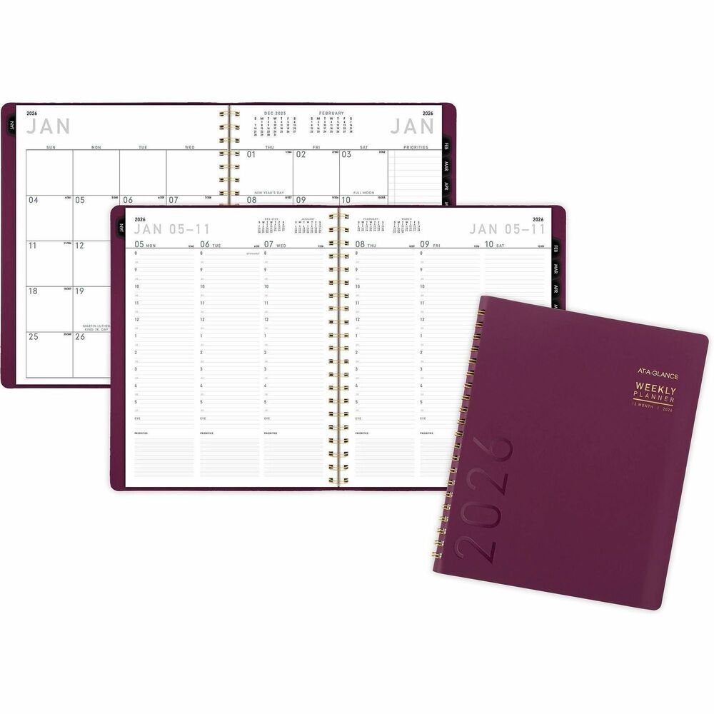 AAG70940X14 - Contemporary Weekly Monthly Planner offers clear, simple organization to help you stay ahead of the curve. Dated pages range 12 months from January to December 2026 and count of days/days passed. Modern foil accents enhance the stylish, Crushed Cherry cover for a touch of sophistication. High-quality paper features ink bleed-resistance. Detail your work week with ruled, half-hourly appointments from 8 AM to 5:30 PM Monday to Friday. Tabbed monthly pages with unruled daily blocks provide an ideal planning structure for tracking deadlines, goals and appointments. Extensive planning features for next-level organization include 40 notes pages, future planning pages, three-year reference calendar, important dates, meeting notes and contacts. Store loose sheets in the double-sided poly pocket. Durable faux-leather cover with twin-wire binding helps prevent snags and secure pages.