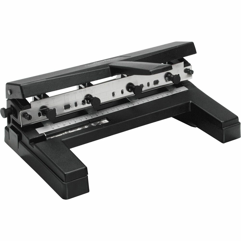 SWI74450 - Heavy-duty punch features a large T-shaped handle for greater leverage and nontip base. Hole punch drills two to four 9/32" holes in up to 40 sheets. Heads adjust out to 10-1/2" centers to punch letter, legal or A4 European sheets. Easy-to-adjust knobs lock for accurate hole alignments. Punch includes four punch heads to fit A-2 and A-4 paper and accepts up to seven punch heads. Metric, calibrated positioning guides allow precision. Large-capacity chip tray pulls out for easy emptying. Heavy-duty punch offers adjustable centers and die-cast steel body.
