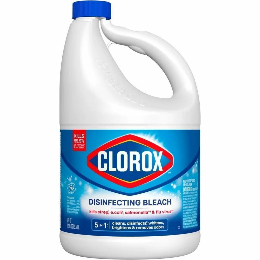 CLO32263 - Clorox Disinfecting Bleach with CloroMax kills 99.9-percent of household germs and bacteria including norovirus, flu virus, MRSA, E. coli and Salmonella left on household surfaces such as countertops, floors, toilets and more (when used as directed). This versatile product gives you five benefits in one cleaning product: it cleans, disinfects hard non-porous surfaces, whitens, brightens and removes odors, giving you the confidence of a lasting clean. Formulated with CloroMax Technology, this concentrated bleach protects surfaces as it cleans so stains won't stick and cleanup is easier. It also whitens whites and keeps clothes whiter longer, while removing stains even in cold water.