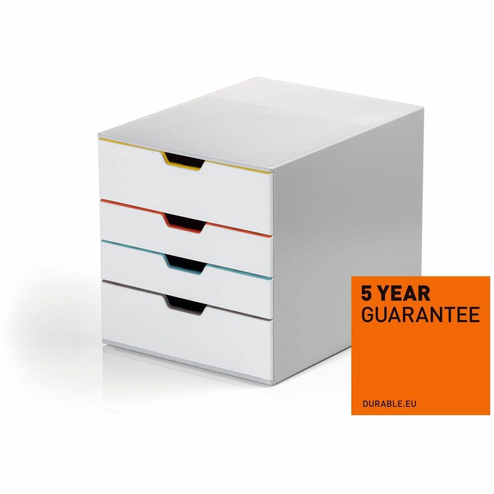DBL762427 - Durable's contemporary VARICOLOR MIX drawer box is made of premium-quality plastics with 4 silent smooth-operating drawers. Say goodbye to large filing cabinets and enhance your organization with Colored draws giving you more space for the things you love.The unit includes transparent labelling windows and easily exchangeable printable inserts with digital templates for easy organization.All VARICOLOR draws are stackable and feature anti-slip plastic feet for stability and the protection of your desk.Includes:1 x VARICOLOR draw box4 x Clear labelling windows4 x Printable labelling insertsSize: 280 x 292 x 356 mm (W x H x L)Paper sizes: Letter Size, C4, folio and letter size formatsMade in Germany and built to last.