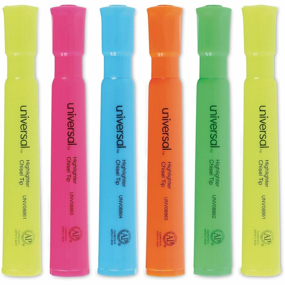 UNV08867 - Universal™ Desk Highlighters are well-designed highlighting pens that feature bright, vibrant colors. The chisel tip allows for both broad and narrow lines. Large cap holds firmly on either end of the highlighter so it doesn't get lost. The bright ink stands out on the page, dries quickly, and will not fade. Enjoy effortless highlighting with a smooth barrel that's easy to hold.