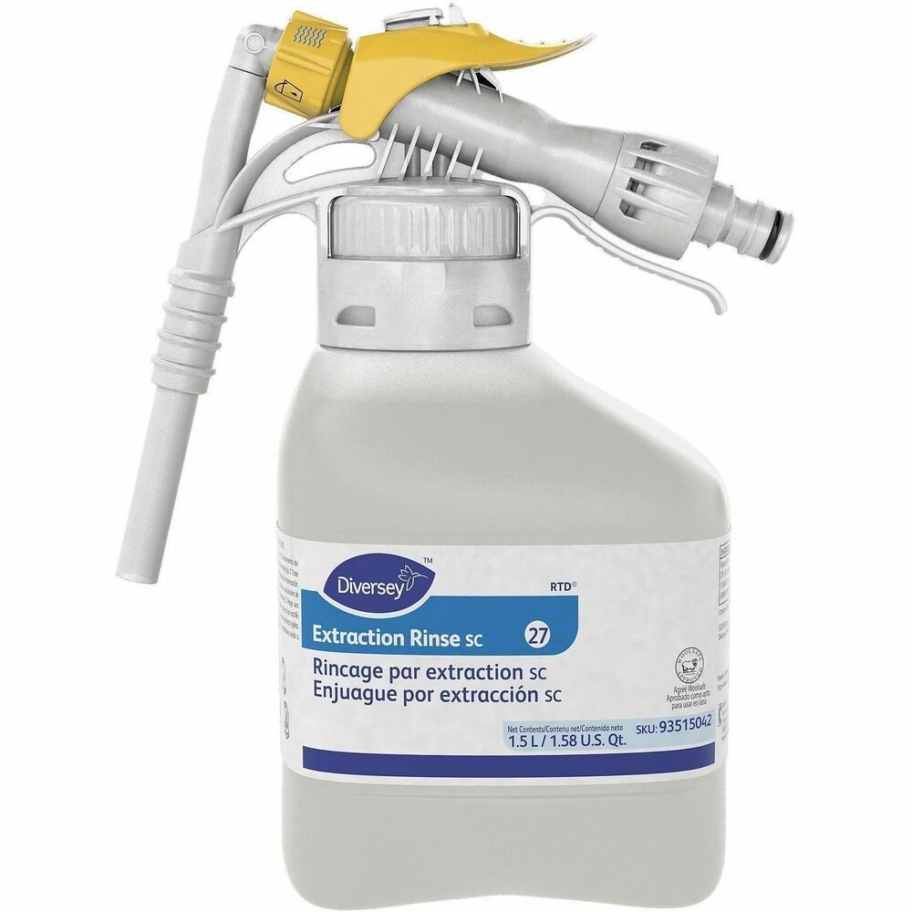 DVO93515042 - Carpet Extraction Rinse SC effectively removes and flushes out hard water deposits and neutralizes residue from previous cleanings. Special, slightly acidic formula makes salt residue more soluble to more easily remove winter salt without left-behind residues or clogging., Versatile rinse is strong enough for advanced-generation carpet fibers at low dilution, yet delicate enough for wool carpets at high dilution. Use safely on most colorfast carpets. Enjoy a refreshing fruity scent.