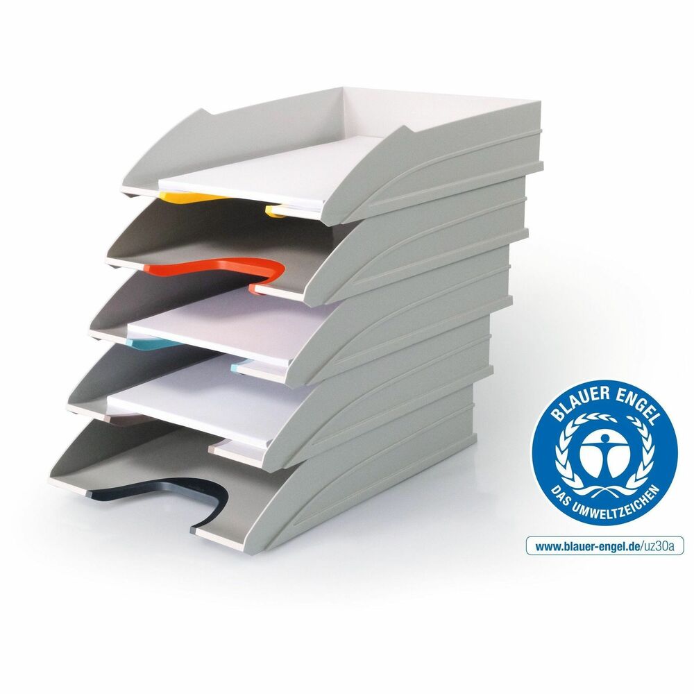 DBL770427 - Stay Organized while making an environmentally responsible choice with the VARICOLOR MIX ECO Stackable Letter Tray Set. Made from eco-friendly, Blue Angel-certified plastic, this set of modular, Color-coded trays combines sustainability with smart design, ensuring a durable, high-quality workspace solution.The VARICOLOR MIX Color scheme adds a vibrant touch to any workspace, with Colored gripping areas for easy identification of documents. The trays can be stacked vertically to save space or staggered for quick access, making them perfect for efficient document management in offices, home offices, and shared workspaces. Designed for durability, these trays offer a long-lasting and eco-conscious alternative for keeping paperwork neat and Organized.Product Specifications:Dimensions (per tray): 255 x 55 x 330 mm (W x H x D)Set includes: 5 stackable letter traysDocument sizes supported: Letter Size, C4, folio, and letter-sized documentsEco-Friendly Certification: Blue Angel CertifiedUpgrade your workspace with an Organized, stylish, and sustainable document management solution.Made in Germany and built to last.