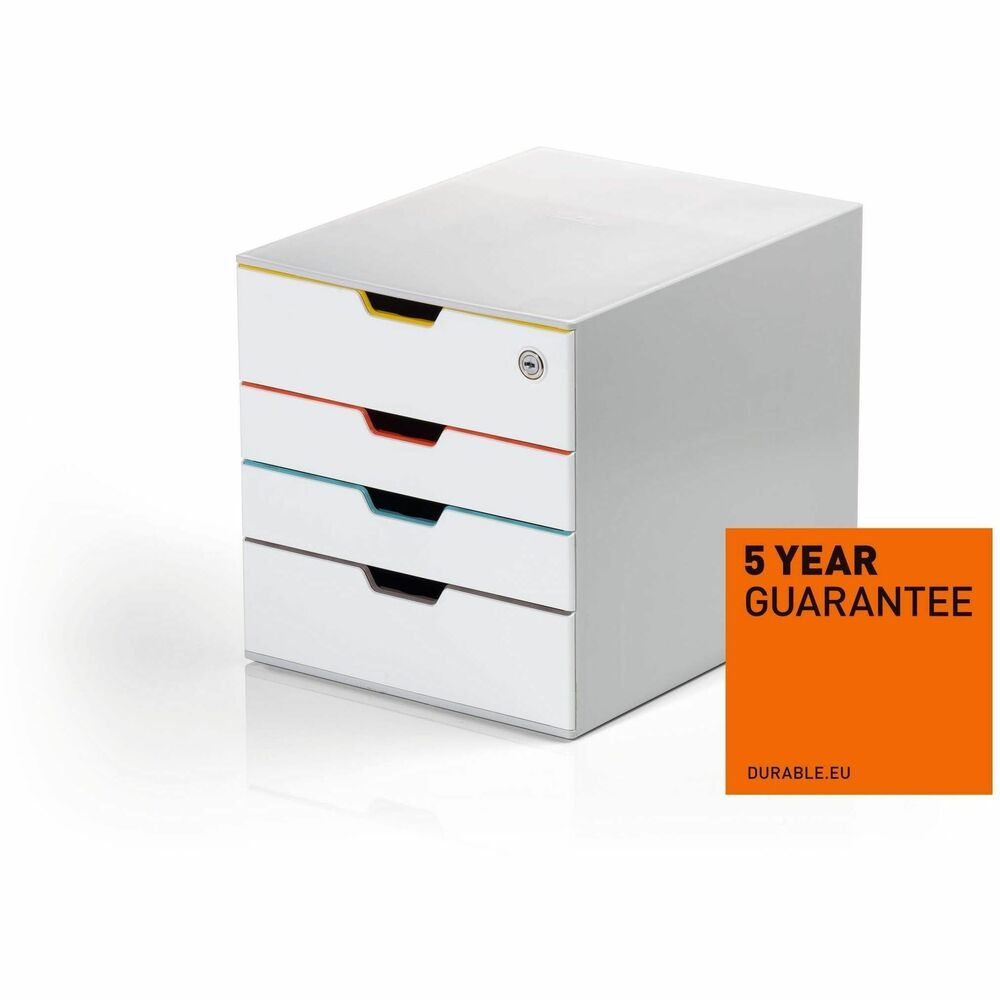 DBL762627 - Four color-coded drawers for documents and supplies. Made from premium-quality plastic. Drawers operate smoothly and silently with built-in stops. Transparent labeling windows with easy-to-exchange edh-printable inserts included. Stackable with skid-proof feet to prevent damage. Anti-theft protection: lockable drawer with cylinder lock. Suitable for letter-size documents. 11 (H) x 11.5 (W) x 14 (D) in. White and multicolor.