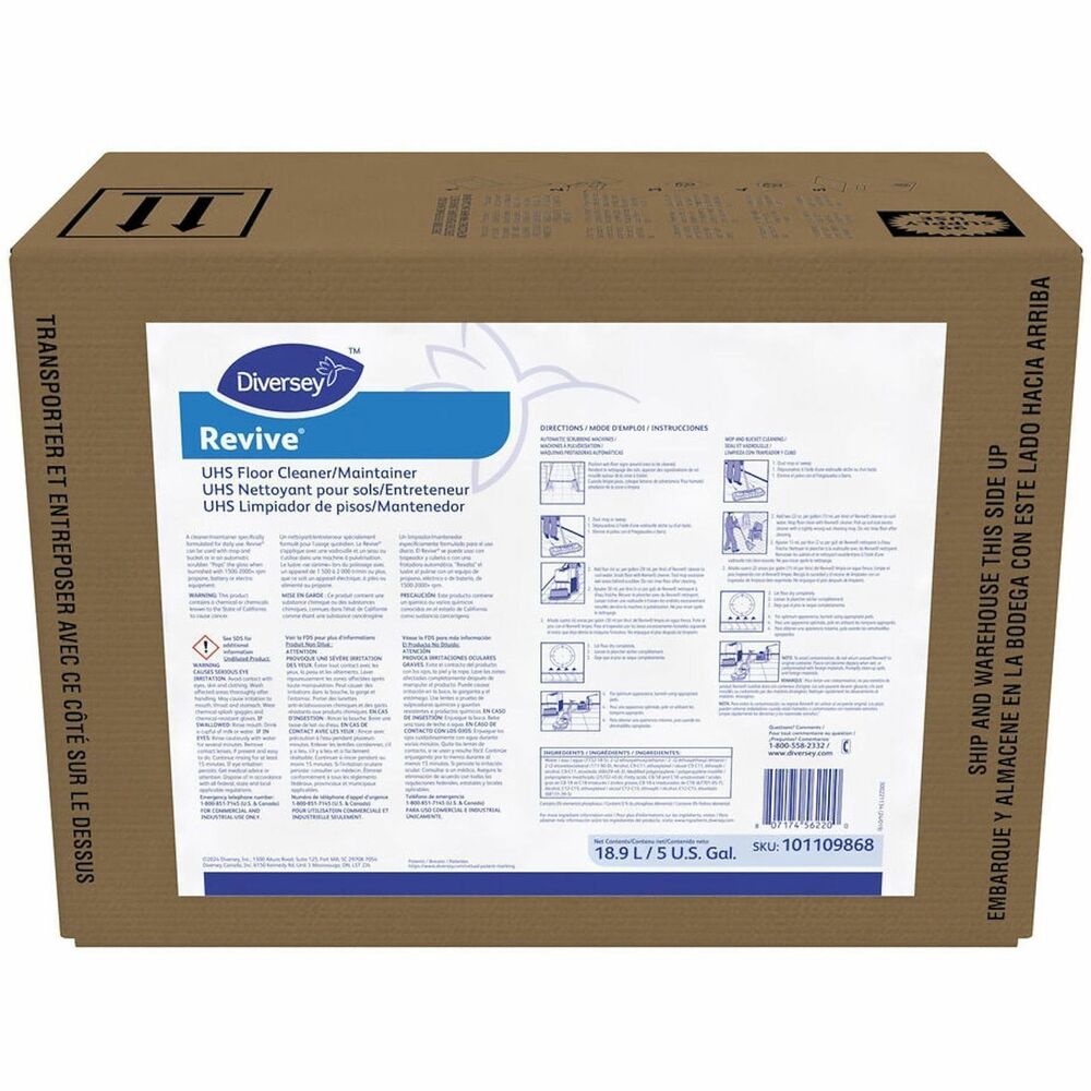 DVO101109868 - Revive Cleaner/Maintainer features an easy-to-use design to clean and maintain floors in a single step and does not require burnishing after each application. Fast-acting formula dries immediately when used in an automatic scrubber to save labor and time. Cleaner with a slightly sweet scent can be used through an auto scrubber or with mop and bucket. Dilution ratios are 1:32 and 1:64.