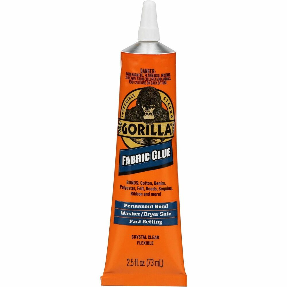 GOR8025501 - Gorilla Fabric Glue is an easy-to-use, no-sew solution for hems, embellishments and trim. Specially made formula settles quickly to permanently bond with fabric. High-strength adhesive dries crystal-clear and remains flexible after washing. Versatile glue bonds to felt, beads, wood, canvas, ribbon and sequins.