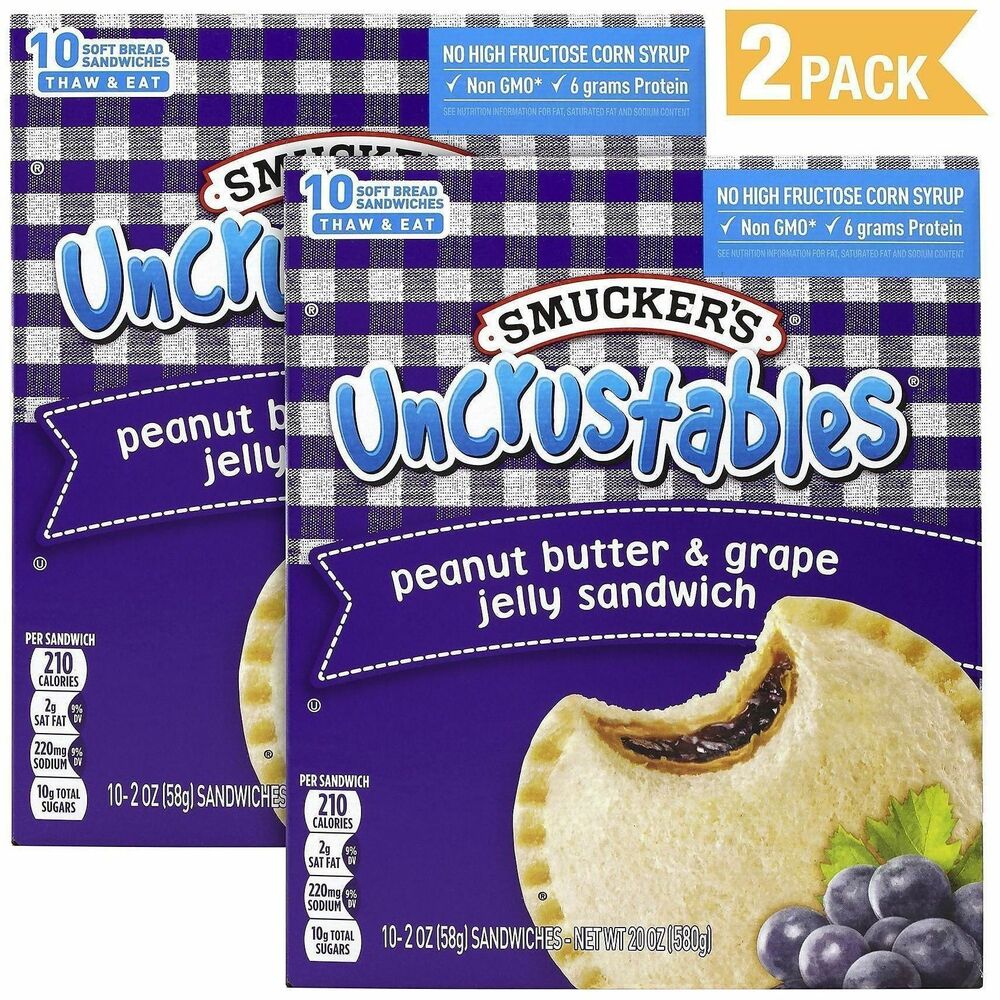 GRR90300135 - This 20-count box of Smucker's Uncrustables Peanut Butter and Grape sandwiches features creamy peanut butter and Smucker's grape jelly sealed within a crustless pocket on wheat bread. Made with the classic taste of Smucker's Concord Grape Jelly and fresh-roasted peanut butter, these sandwiches offer a convenient way to enjoy a homemade favorite. Simply thaw, unwrap and enjoy at home, at school, on picnics or during long car rides.