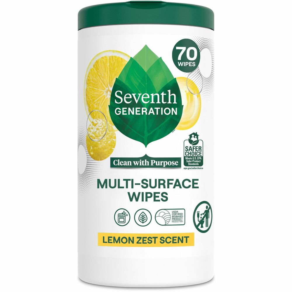 SEV44998 - Multipurpose Wipes make quick work of the everyday messes we all know so well. Use this versatile cleaning solution on kitchen counters, appliances, bathrooms, toys and just about every surface that gets dirty in your home. Refreshing Lemon Zest Scent is made from 100 percent essential oils and botanical ingredients for an experience that's purely refreshing without being overpowering. USDA Certified Bio-based wipes are EPA Safer Choice Certified to be safer and certified at Leaping Bunny for not testing on animals.