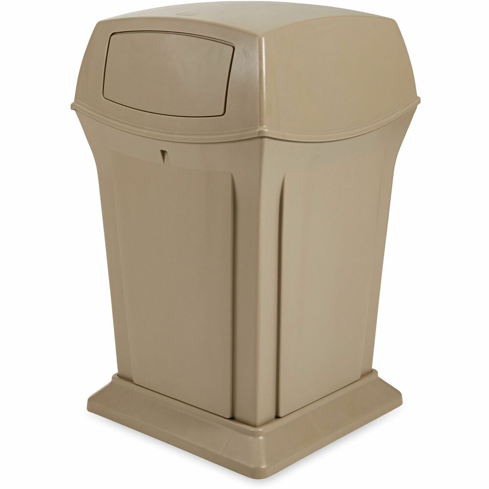 RCPFG917188BEIG - Ranger Waste Container features Rubbermaid's famous durability, modern styling and easy-to-service design. Use for high-capacity waste management in stadiums, parks, shopping malls and other high-traffic areas. Two hinged doors provide waste concealment and odor control. Permanently attached hinged lid on the outdoor container allows easy emptying. Metal retainers keep can liners securely in place and eliminate knot-tying. ADA-compliant, Factory Mutual (FM) Approved container is made of durable plastic.