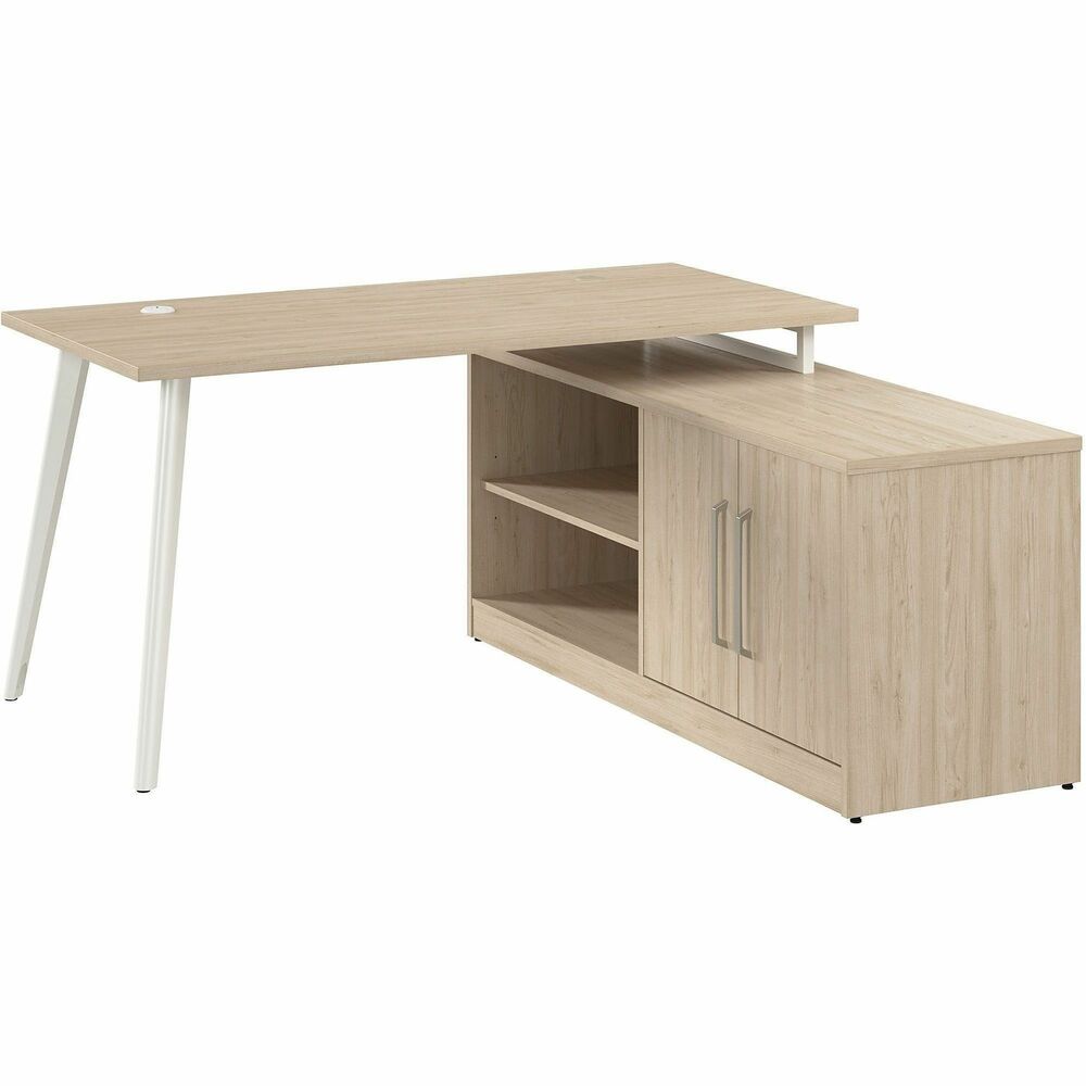 BSHVST006NE - Vista 60W L-Shaped Desk with Splayed Metal Legs and Low Storage Cabinet offers a practical, long-lasting work space and allows flexible configurations ideal for open area offices. Durable, 1" thick top supports materials and equipment with its 200 lb. capacity. Thermally fused laminate surface protects against scratches, stains and other cosmetic damage. 60" desk return attaches to low storage cabinet to form a right-handed or left-handed L-shaped desk. Credenza's open and closed storage areas each contain one fixed and one adjustable shelf. Built-in cable management in legs allow cords to route through any leg to the floor. Thoughtfully designed for maximum stability, desk also includes an optional wall anchor. Included adjustable levelers compensate for uneven flooring. Smooth self-closing, Euro-style hinges can be mounted on both sides. Credenza's back panel offers a built-in wire management grommet on each side to keep cords and cables out of the way.   