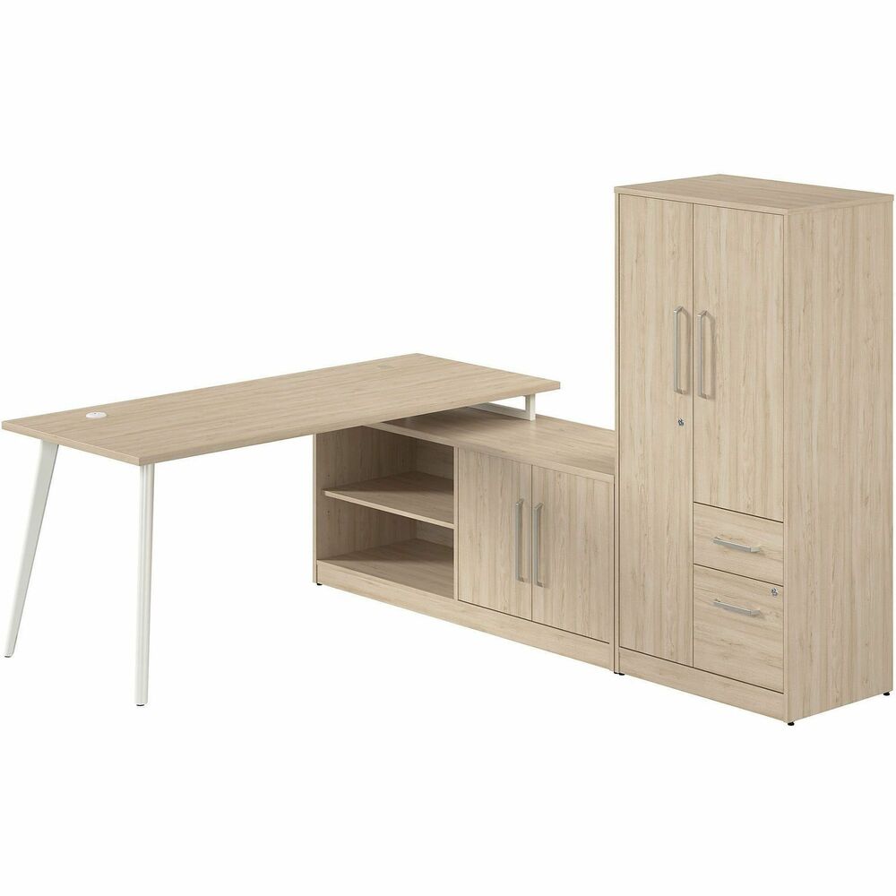 BSHVST009NE - Vista L-shaped desk bundle includes 72W Return with Splayed Metal Legs, Low Storage Cabinet with Doors and Shelves and Wardrobe Cabinet with Drawers. Durable, 1" thick top supports materials and equipment with its 200 lb. capacity. Thermally fused laminate surface protects against scratches, stains and other cosmetic damage. Desk return attaches to the low storage cabinet to form a right-handed or left-handed, L-shaped desk. Credenza's open and closed storage areas each contain one fixed and one adjustable shelf to accommodate items of various sizes. Built-in cable management on metal legs allows cords to route through any leg to the floor for a clutter-free space. Desktop includes one built-in, wire-management grommet and one powered grommet to keep devices charged with a standard outlet as well as USB-A and USB-C ports. Thoughtfully designed for maximum stability, desk also includes an optional wall anchor. Included adjustable levelers compensate for uneven flooring.   