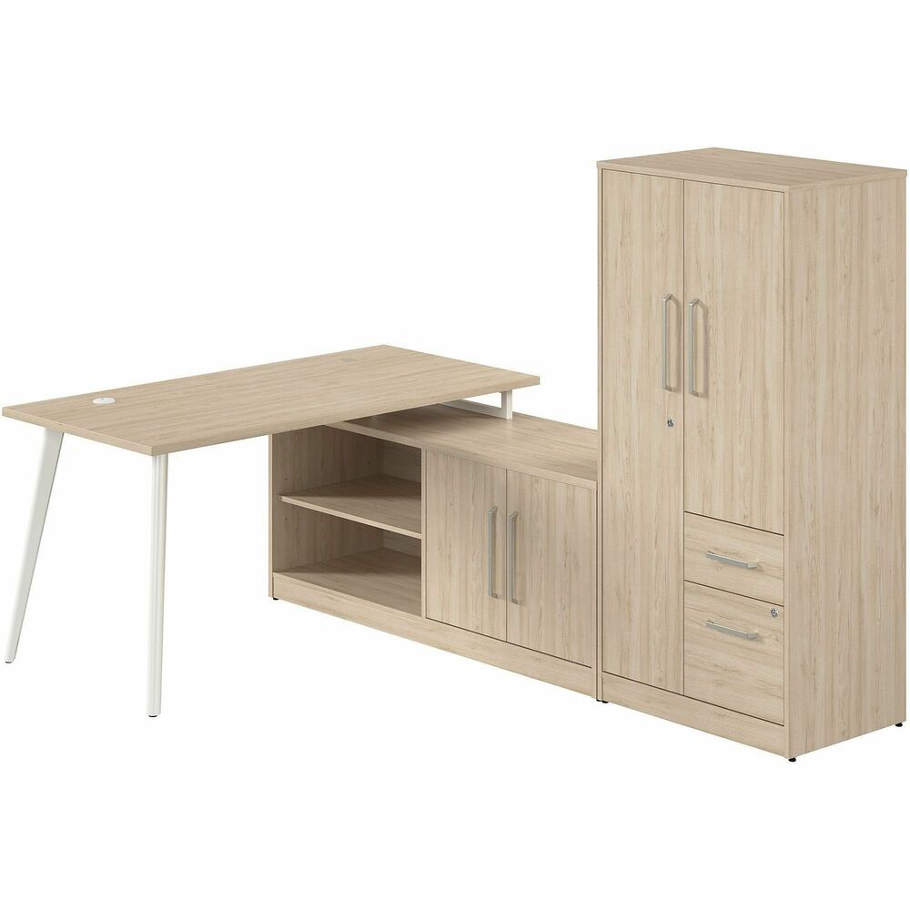 BSHVST010NE - Vista L-shaped desk bundle includes 60W Return with Splayed Metal Legs, Low Storage Cabinet with Doors and Shelves and Wardrobe Cabinet with Drawers. Durable, 1" thick top supports materials and equipment with its 200 lb. capacity. Thermally fused laminate surface protects against scratches, stains and other cosmetic damage. Desk return attaches to the low storage cabinet to form a right-handed or left-handed, L-shaped desk. Credenza's open and closed storage areas each contain one fixed and one adjustable shelf to accommodate items of various sizes. Built-in cable management on metal legs allows cords to route through any leg to the floor for a clutter-free space. Desktop includes one built-in, wire-management grommet and one powered grommet to keep devices charged with a standard outlet as well as USB-A and USB-C ports. Thoughtfully designed for maximum stability, desk also includes an optional wall anchor. Included adjustable levelers compensate for uneven flooring.