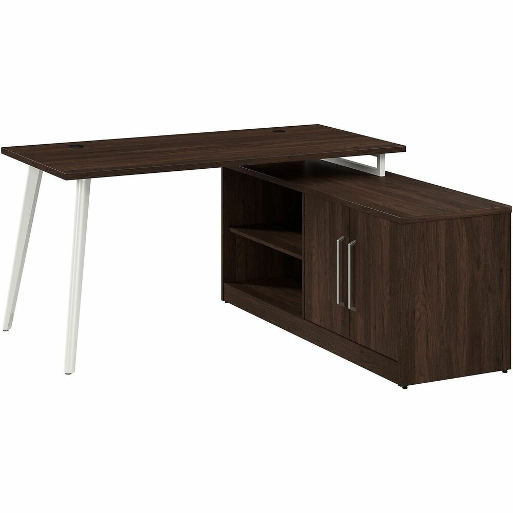 BSHVST006BW - Vista 60W L-Shaped Desk with Splayed Metal Legs and Low Storage Cabinet offers a practical, long-lasting work space and allows flexible configurations ideal for open area offices. Durable, 1" thick top supports materials and equipment with its 200 lb. capacity. Thermally fused laminate surface protects against scratches, stains and other cosmetic damage. 60" desk return attaches to low storage cabinet to form a right-handed or left-handed L-shaped desk. Credenza's open and closed storage areas each contain one fixed and one adjustable shelf. Built-in cable management in legs allow cords to route through any leg to the floor. Thoughtfully designed for maximum stability, desk also includes an optional wall anchor. Included adjustable levelers compensate for uneven flooring. Smooth self-closing, Euro-style hinges can be mounted on both sides. Credenza's back panel offers a built-in wire management grommet on each side to keep cords and cables out of the way.   