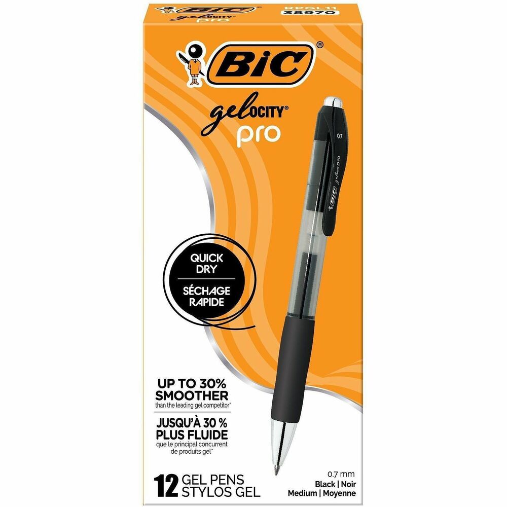 BICRPGL11BLK - BIC Gelocity Pro Black Gel Pens are your go-to choice for everyday writing. With a 0.7mm medium point, these pens deliver clear, smear-resistant lines, making them perfect for jotting down notes, making lists, or any other writing tasks. The ink flows easily, providing a super smooth writing experience that's up to 30% smoother than the leading gel competitor. They're also a smart choice for left-handed writers, thanks to their smear-resistant ink. The round barrel features an ultra comfortable grip, allowing for a controlled yet comfortable hold, perfect for those long writing sessions. For added convenience, these pens are retractable and come with a plastic clip for easy attachment to pockets and notebooks.  With this 12-count pack, you'll have enough pens to last you a while. Choose BIC Gelocity Pro Black Ink Gel Pens for a reliable, high-quality writing tool. Individual smoothness may vary based on color. Dries in as little as 5 seconds
